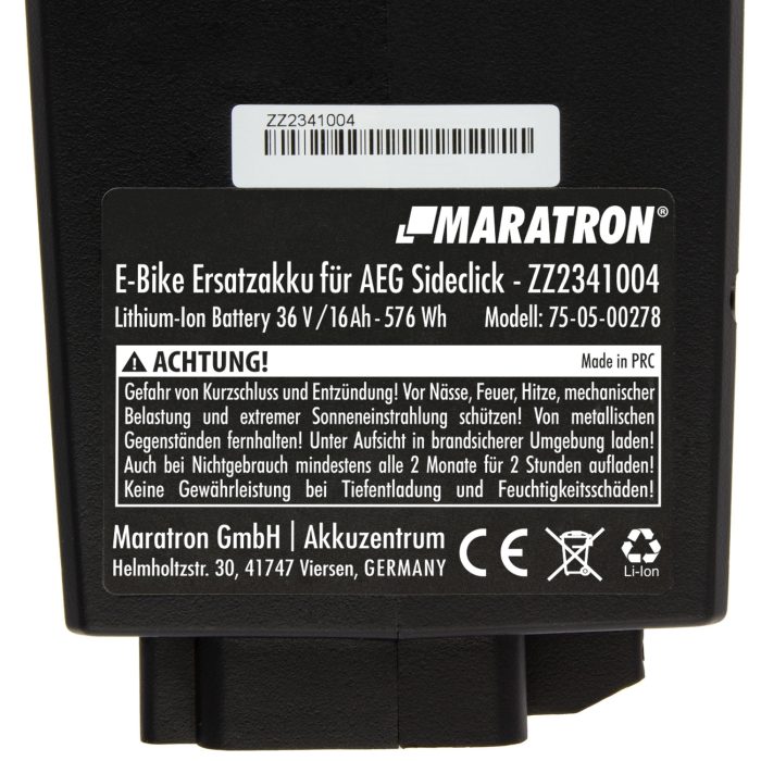 Maratron Accu 36V 16Ah 576Wh voor AEG SideClick Prophete E-bike - Afbeelding 2